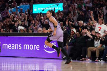 May 28, 2026; San Francisco, California, USA;  Golden State Valkyries forward Janelle Salaun (13) runs back on defense as the crowd cheers after scoring against the Indiana Fever in the third quarter at Chase Center. Mandatory Credit: David Gonzales-Imagn Images