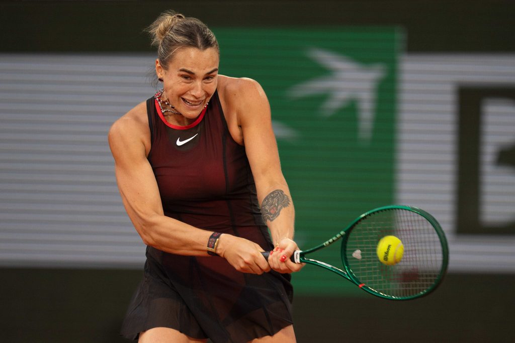 Jun 1, 2026; Paris, France; Aryna Sabalenka returns a shot during her match against Naomi Osaka of Japan on day nine at Stade Roland Garros. Mandatory Credit: Susan Mullane-Imagn Images