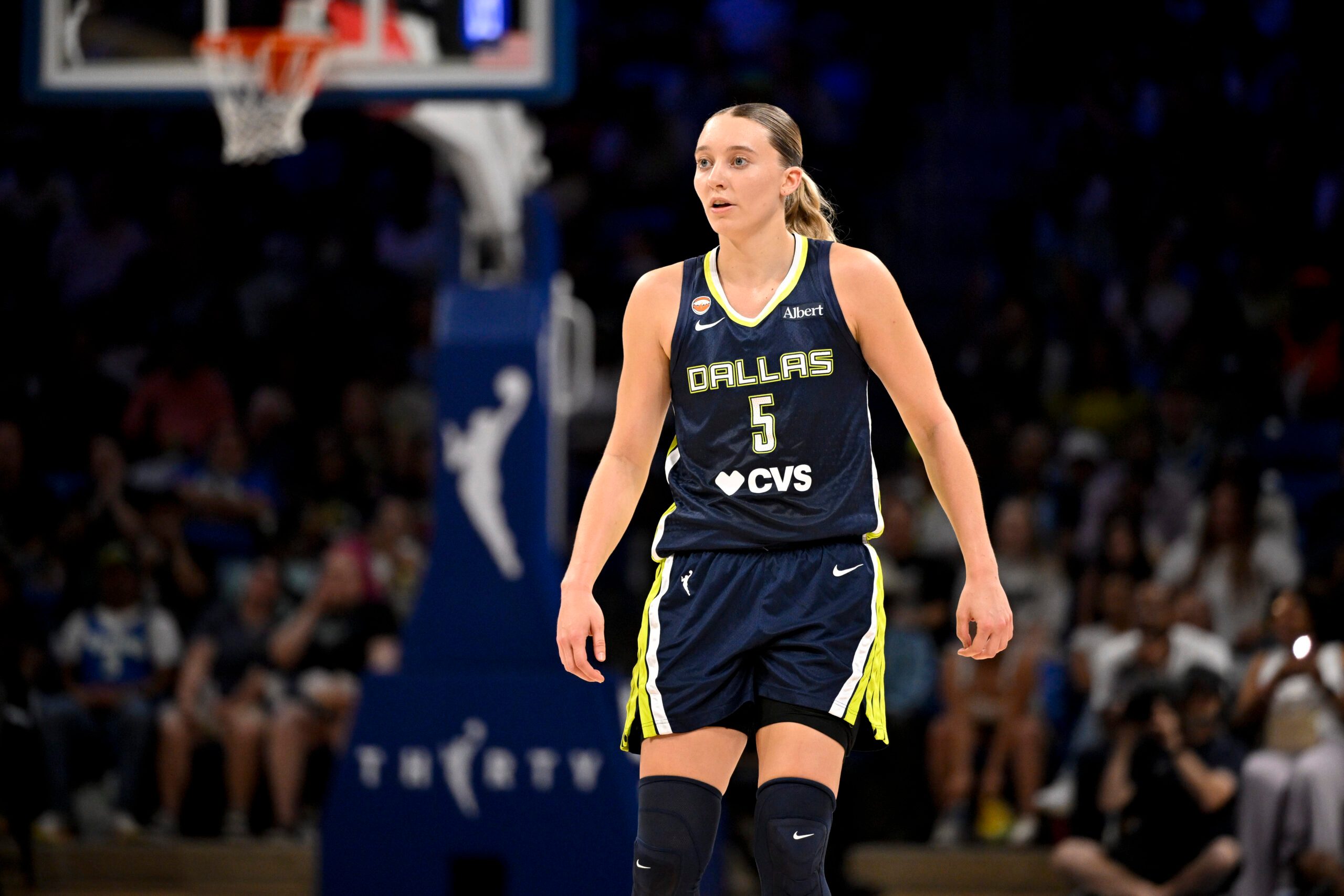 Jun 1, 2026; Arlington, Texas, USA; Dallas Wings guard Paige Bueckers (5) looks on during the second half against the Seattle Storm at College Park Center. Mandatory Credit: Jerome Miron-Imagn Images