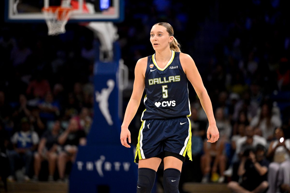 Jun 1, 2026; Arlington, Texas, USA; Dallas Wings guard Paige Bueckers (5) looks on during the second half against the Seattle Storm at College Park Center. Mandatory Credit: Jerome Miron-Imagn Images
