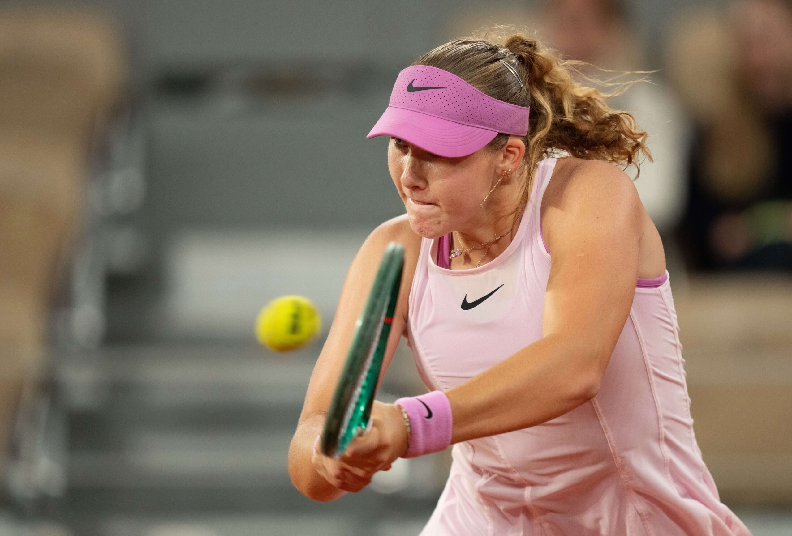 Jun 2, 2026; Paris, France; Mirra Andreeva returns a shot during her match against Sorana Cirstea of Romania on day 10 at Stade Roland Garros. Mandatory Credit: Susan Mullane-Imagn Images