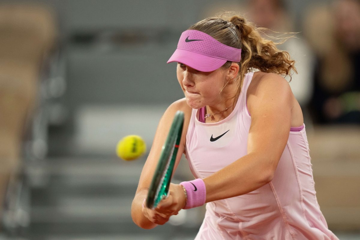 Jun 2, 2026; Paris, France; Mirra Andreeva returns a shot during her match against Sorana Cirstea of Romania on day 10 at Stade Roland Garros. Mandatory Credit: Susan Mullane-Imagn Images