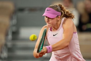 Jun 2, 2026; Paris, France; Mirra Andreeva returns a shot during her match against Sorana Cirstea of Romania on day 10 at Stade Roland Garros. Mandatory Credit: Susan Mullane-Imagn Images