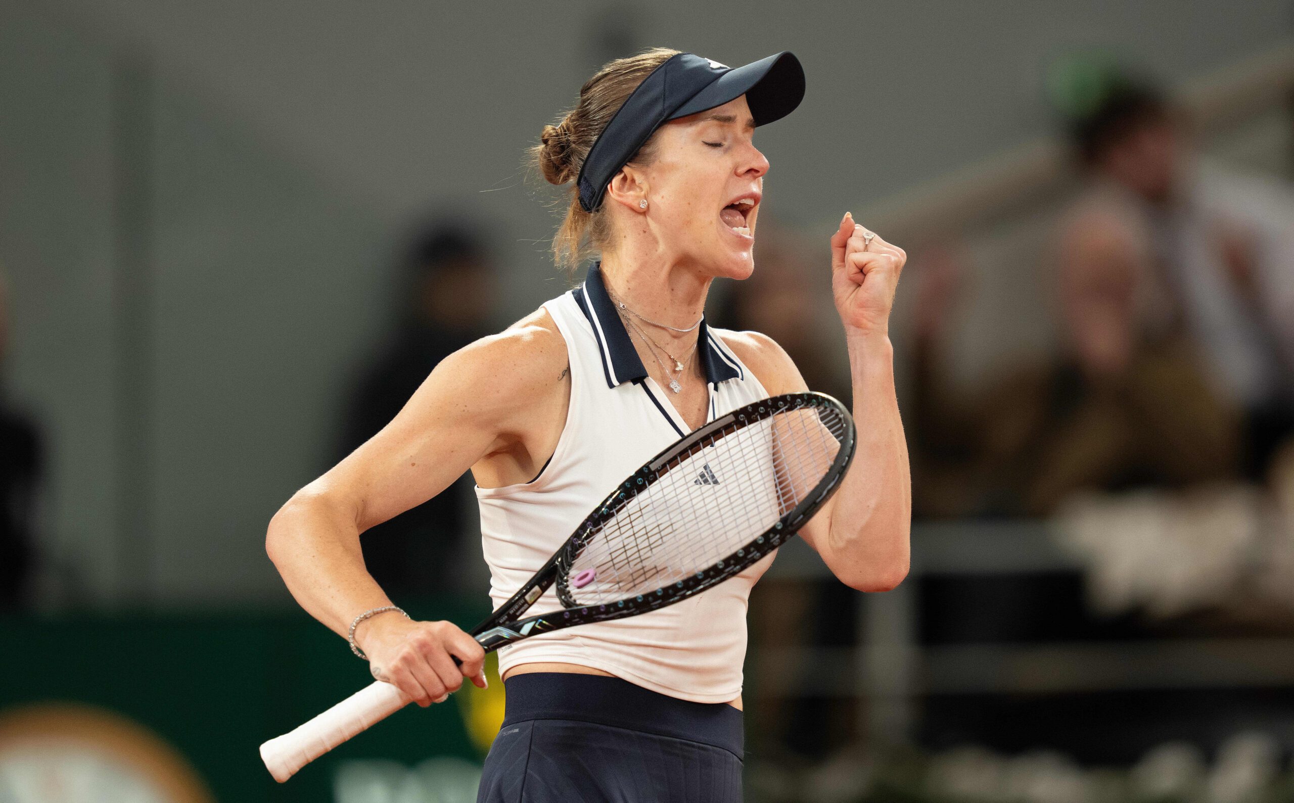 Jun 2, 2026; Paris, France; Elina Svitolina of Ukraine reacts during her match against Marta Kostyuk of Ukraine on day 10 at Stade Roland Garros. Mandatory Credit: Susan Mullane-Imagn Images