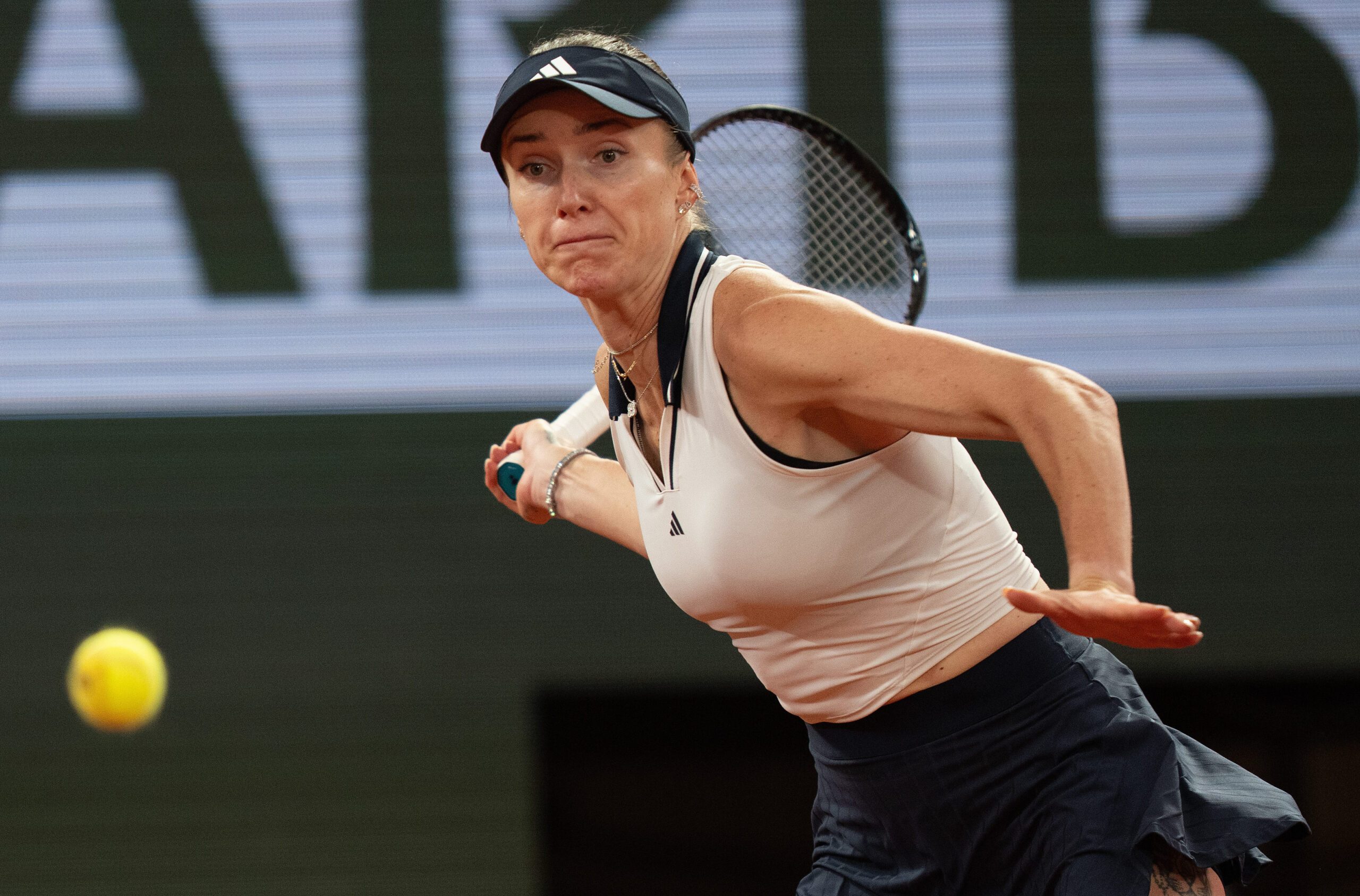 Jun 2, 2026; Paris, France; Elina Svitolina of Ukraine returns a shot during her match against Marta Kostyuk of Ukraine on day 10 at Stade Roland Garros. Mandatory Credit: Susan Mullane-Imagn Images