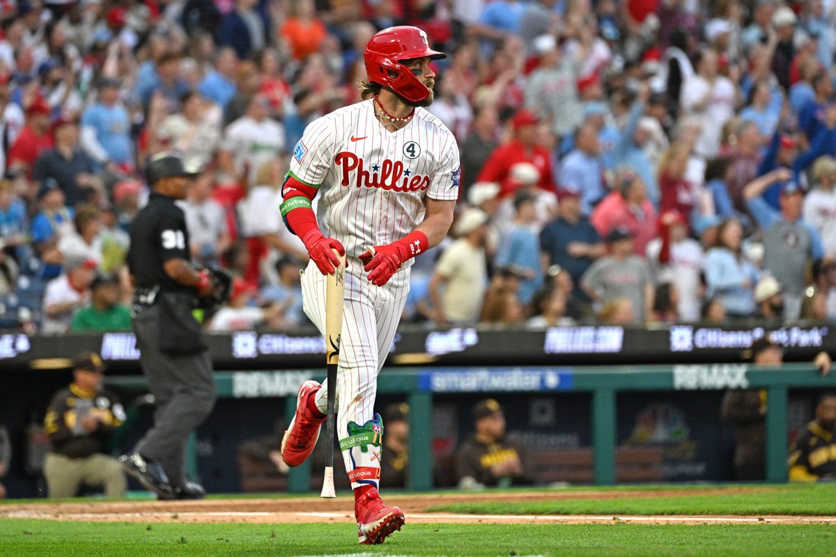 Jun 2, 2026; Philadelphia, Pennsylvania, USA; Philadelphia Phillies first baseman Bryce Harper (3) watches his two-run home run against the San Diego Padres during the fourth inning at Citizens Bank Park. Mandatory Credit: Eric Hartline-Imagn Images