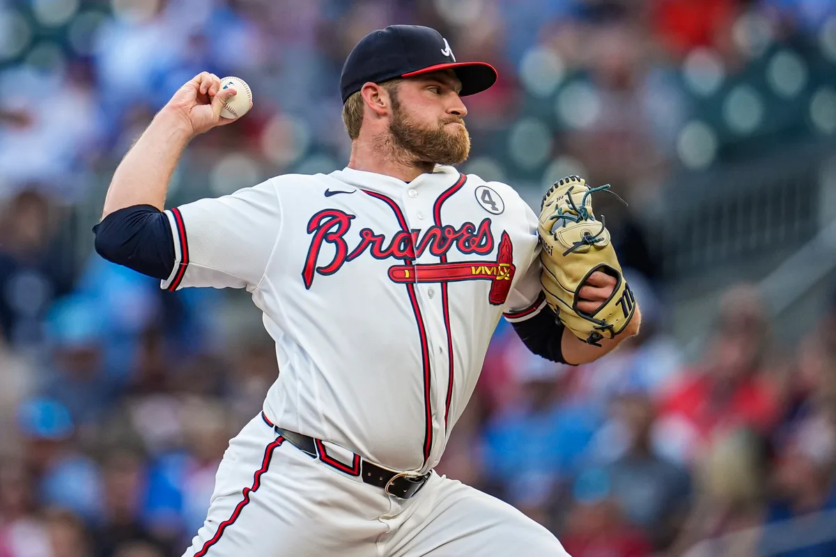 Jun 2, 2026; Cumberland, Georgia, USA; Atlanta Braves pitcher Bryce Elder (55) pitches against the Toronto Blue Jays during the first inning at Truist Park. Mandatory Credit: Dale Zanine-Imagn Images