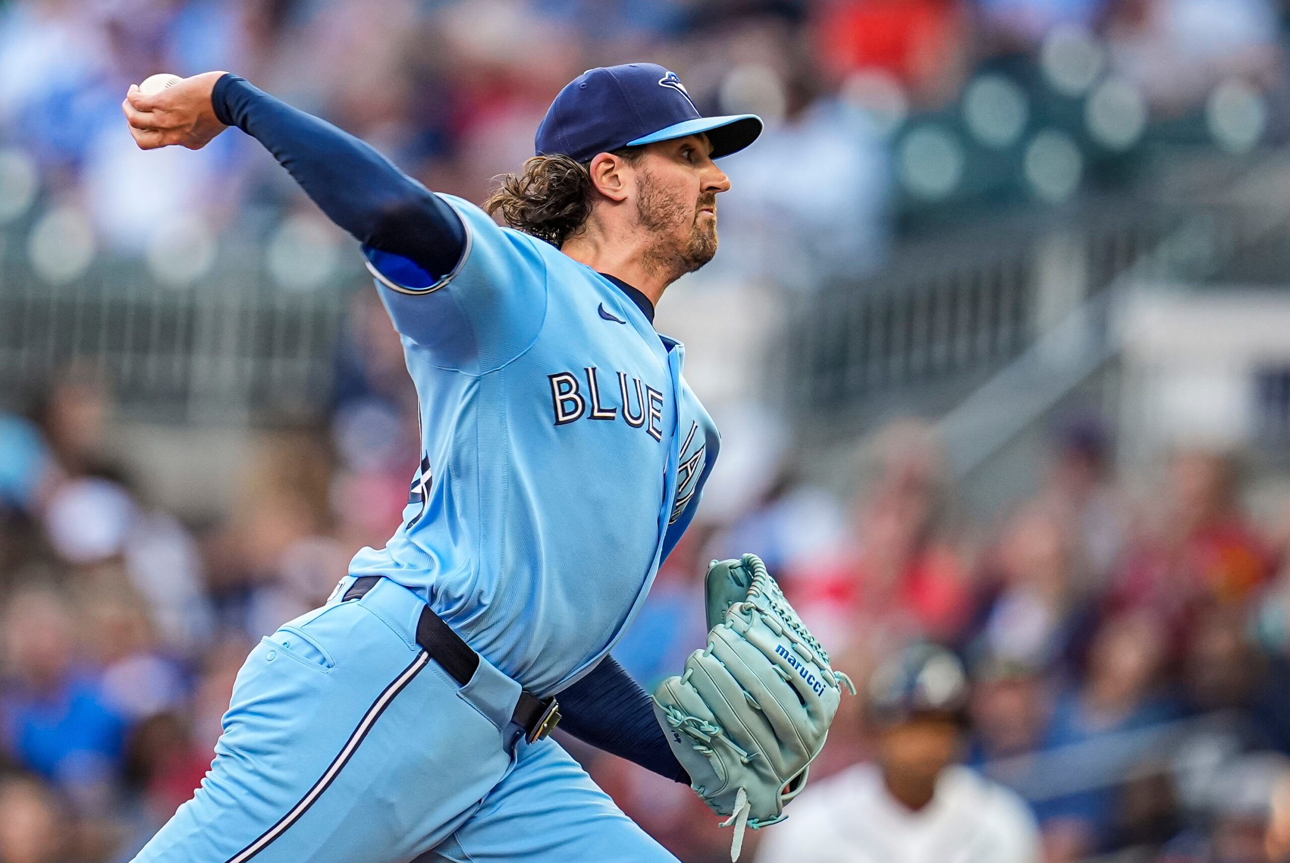 Jun 2, 2026; Cumberland, Georgia, USA; Toronto Blue Jays pitcher Kevin Gausman (34) pitches against the Atlanta Braves during the first inning at Truist Park. Mandatory Credit: Dale Zanine-Imagn Images