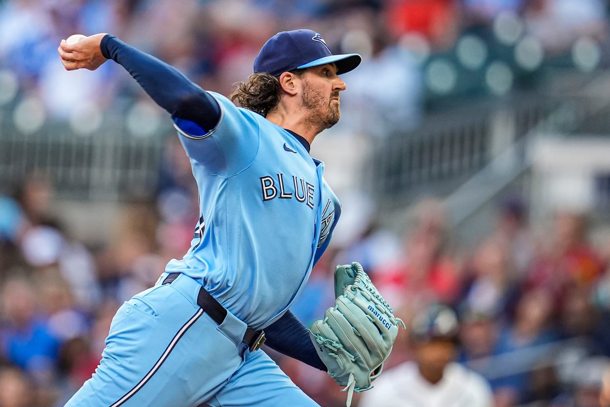 Jun 2, 2026; Cumberland, Georgia, USA; Toronto Blue Jays pitcher Kevin Gausman (34) pitches against the Atlanta Braves during the first inning at Truist Park. Mandatory Credit: Dale Zanine-Imagn Images