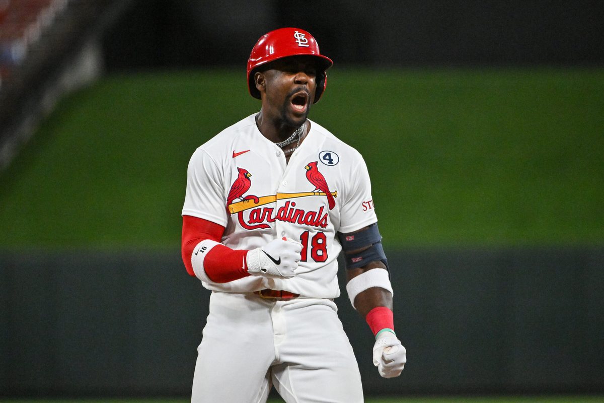 Jun 2, 2026; St. Louis, Missouri, USA; St. Louis Cardinals right fielder Jordan Walker (18) reacts after hitting a one run single against the Texas Rangers during the seventh inning at Busch Stadium. Mandatory Credit: Jeff Curry-Imagn Images
