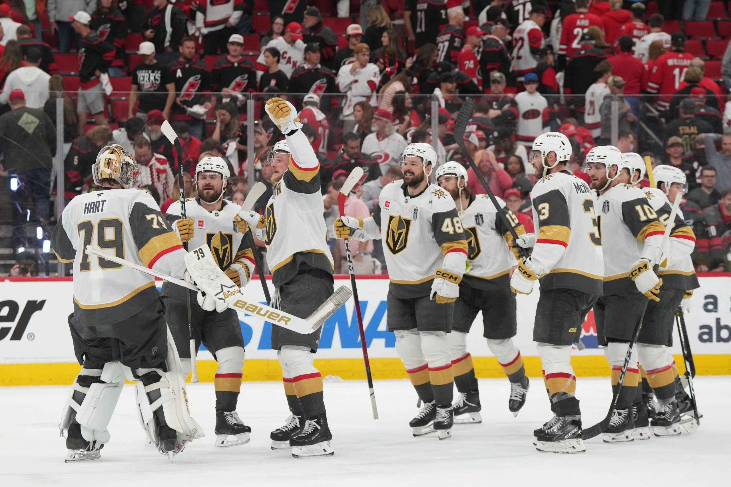 Jun 2, 2026; Raleigh, North Carolina, USA; Vegas Golden Knights celebrate the win against the Carolina Hurricanes in game one of the 2026 Stanley Cup Final at Lenovo Center. Mandatory Credit: James Guillory-Imagn Images