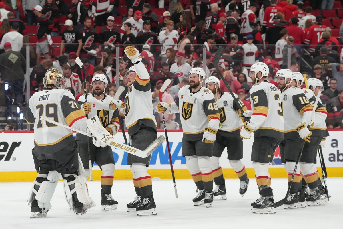 Jun 2, 2026; Raleigh, North Carolina, USA; Vegas Golden Knights celebrate the win against the Carolina Hurricanes in game one of the 2026 Stanley Cup Final at Lenovo Center. Mandatory Credit: James Guillory-Imagn Images