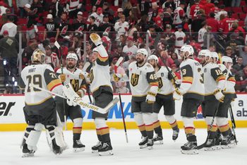 Jun 2, 2026; Raleigh, North Carolina, USA; Vegas Golden Knights celebrate the win against the Carolina Hurricanes in game one of the 2026 Stanley Cup Final at Lenovo Center. Mandatory Credit: James Guillory-Imagn Images