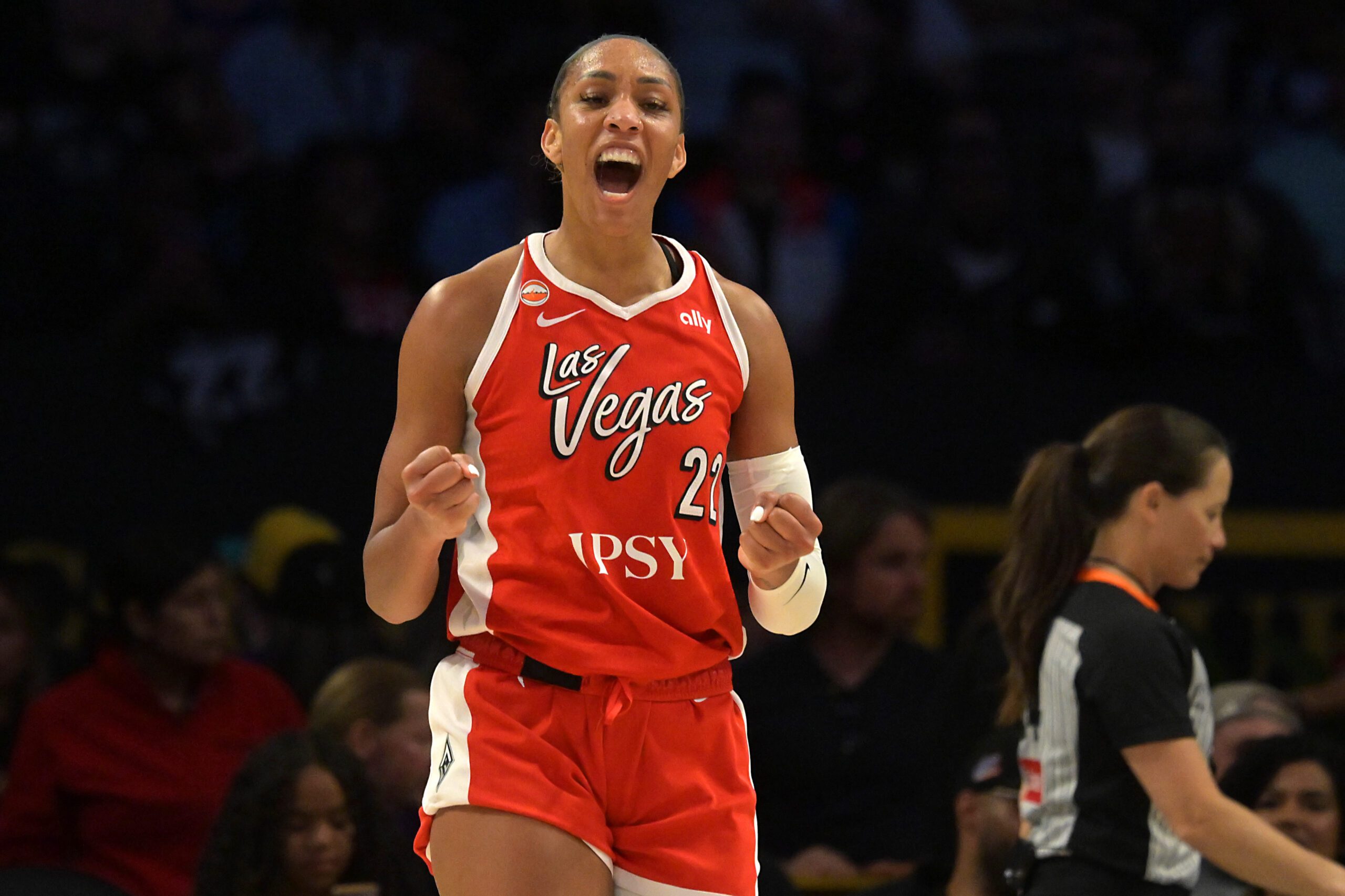 Jun 2, 2026; Los Angeles, California, USA;   Las Vegas Aces center A'ja Wilson (22) after a basket during the second half against the Los Angeles Sparks at Crypto.com Arena. Mandatory Credit: Jayne Kamin-Oncea-Imagn Images