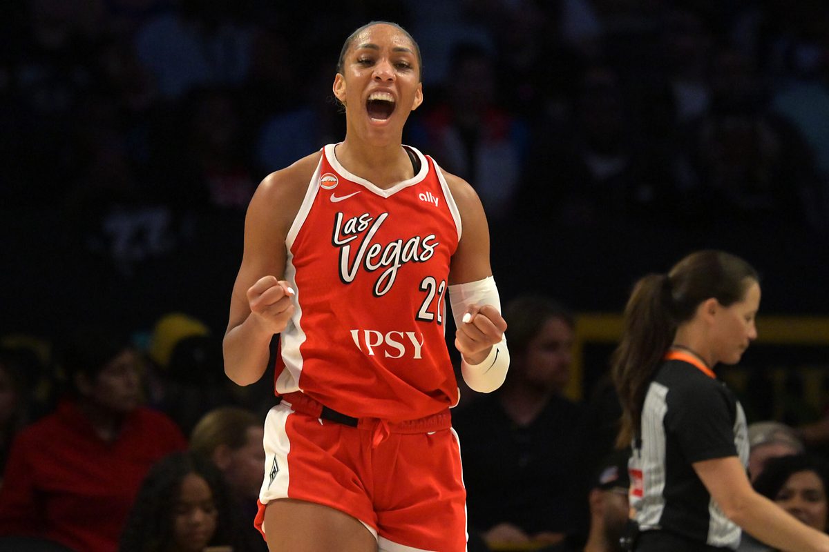 Jun 2, 2026; Los Angeles, California, USA; Las Vegas Aces center A'ja Wilson (22) after a basket during the second half against the Los Angeles Sparks at Crypto.com Arena. Mandatory Credit: Jayne Kamin-Oncea-Imagn Images