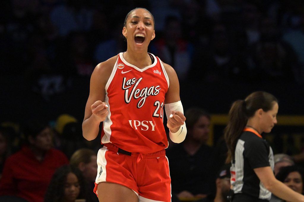 Jun 2, 2026; Los Angeles, California, USA; Las Vegas Aces center A'ja Wilson (22) after a basket during the second half against the Los Angeles Sparks at Crypto.com Arena. Mandatory Credit: Jayne Kamin-Oncea-Imagn Images