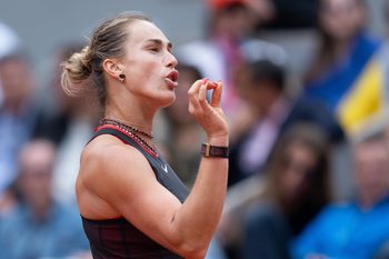 Jun 3, 2026; Paris, France; Aryna Sabalenka reacts during her match against Diana Shnaider on day 11 at Stade Roland Garros. Mandatory Credit: Susan Mullane-Imagn Images
