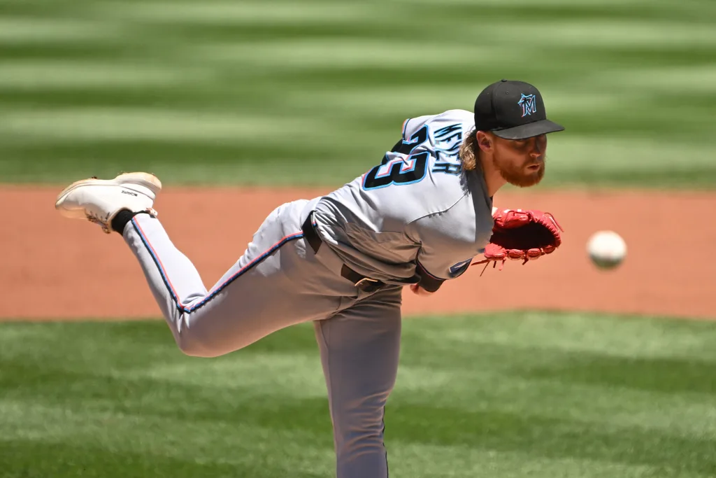 Jun 3, 2026; Washington, District of Columbia, USA; Miami Marlins pitcher Max Meyer (23) throws a pitch against the Washington Nationals during the first inning at Nationals Park. Mandatory Credit: Rafael Suanes-Imagn Images