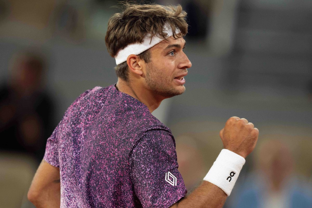 Jun 3, 2026; Paris, France; Flavio Cobolli of Italy reacts during his match against Felix Auger-Aliassime of Canada on day 11 at Stade Roland Garros. Mandatory Credit: Susan Mullane-Imagn Images