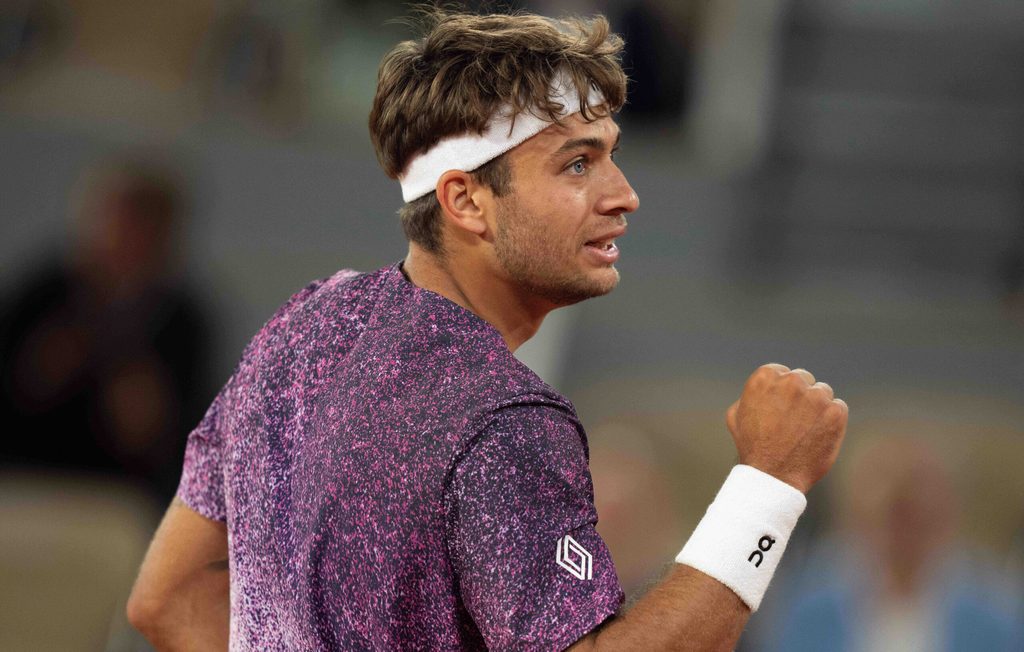 Jun 3, 2026; Paris, France; Flavio Cobolli of Italy reacts during his match against Felix Auger-Aliassime of Canada on day 11 at Stade Roland Garros. Mandatory Credit: Susan Mullane-Imagn Images