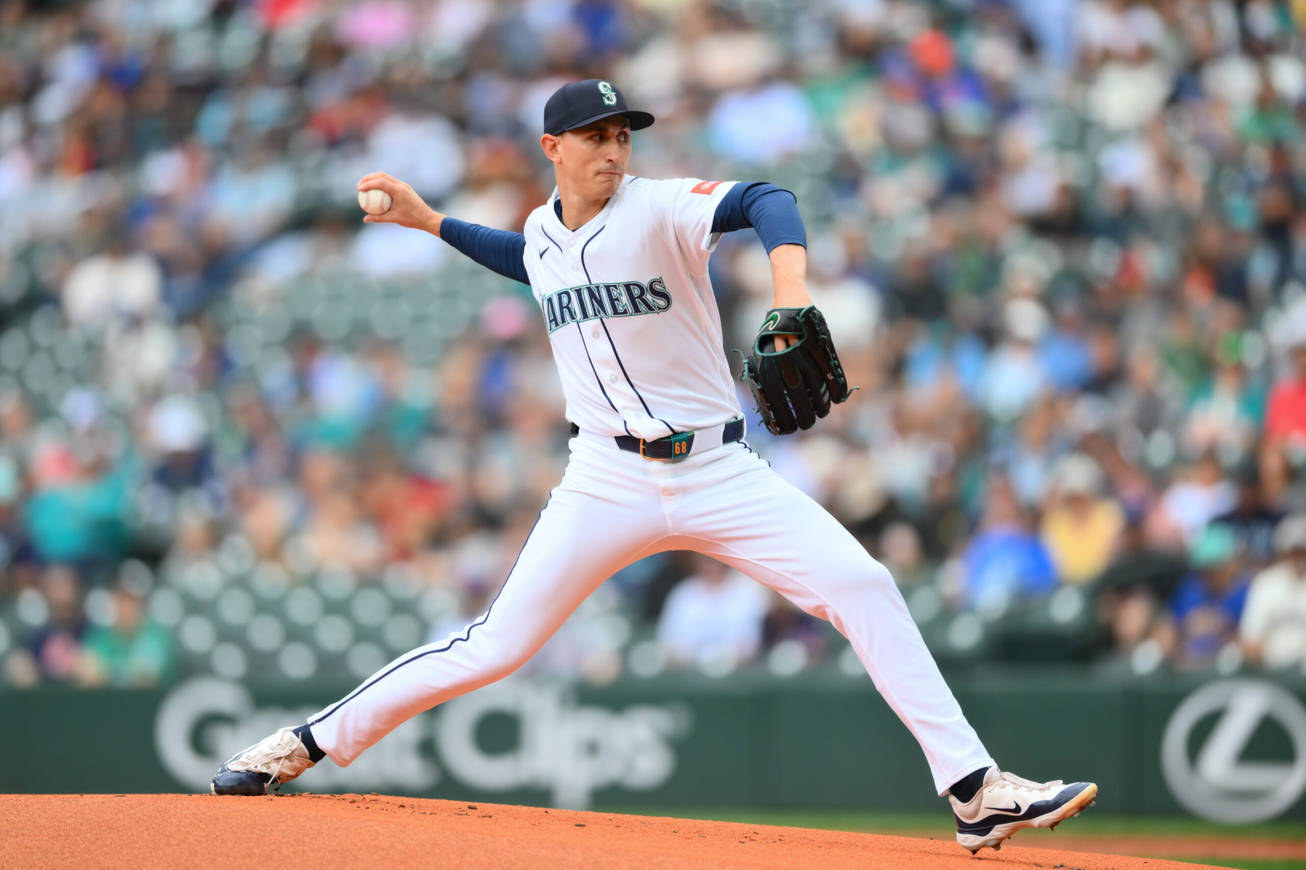 Jun 3, 2026; Seattle, Washington, USA; Seattle Mariners starting pitcher George Kirby (68) pitches to the New York Mets during the first inning at T-Mobile Park. Mandatory Credit: Steven Bisig-Imagn Images