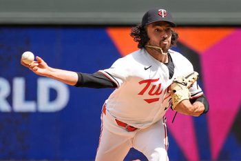 Jun 3, 2026; Minneapolis, Minnesota, USA; Minnesota Twins relief pitcher Justin Lawrence throws to the Chicago White Sox in the ninth inning at Target Field. Mandatory Credit: Bruce Kluckhohn-Imagn Images