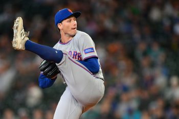 Jun 3, 2026; Seattle, Washington, USA; New York Mets relief pitcher Joey Gerber (56) pitches to the Seattle Mariners during the ninth inning at T-Mobile Park. Mandatory Credit: Steven Bisig-Imagn Images