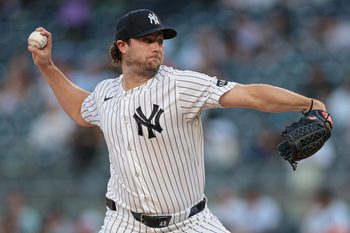 Jun 3, 2026; Bronx, New York, USA; New York Yankees pitcher Gerrit Cole (45) delivers a pitch during the first inning against the Cleveland Guardians at Yankee Stadium. Mandatory Credit: Vincent Carchietta-Imagn Images