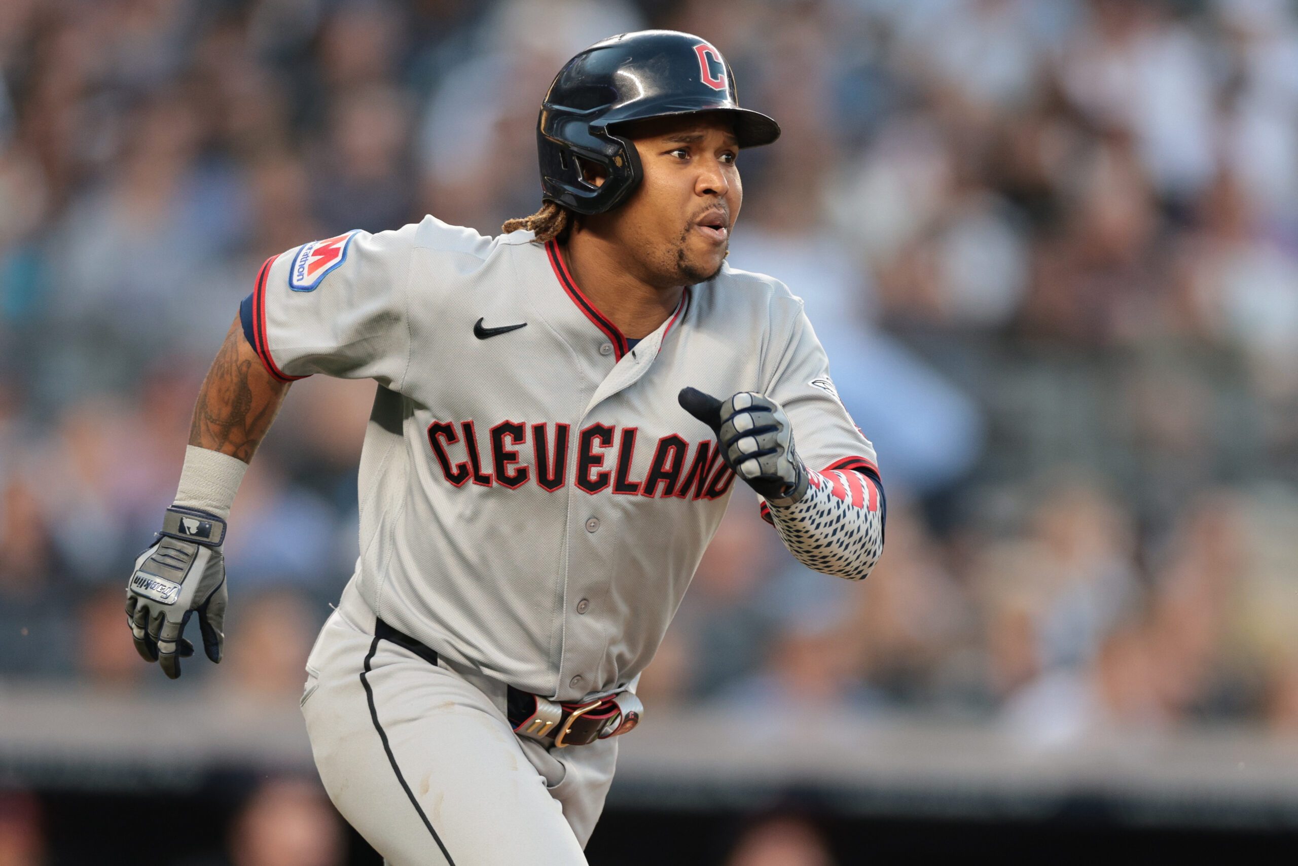 Jun 3, 2026; Bronx, New York, USA; Cleveland Guardians third baseman Jose Ramirez (11) singles during the third inning against the New York Yankees at Yankee Stadium. Mandatory Credit: Vincent Carchietta-Imagn Images