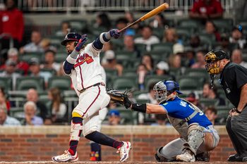 Jun 3, 2026; Cumberland, Georgia, USA; Atlanta Braves second baseman Ozzie Albies (1) hits a three run home run against the Toronto Blue Jays during the seventh inning at Truist Park. Mandatory Credit: Dale Zanine-Imagn Images