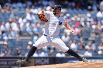 Jun 4, 2026; Bronx, New York, USA; New York Yankees starting pitcher Carlos Rodon (55) pitches against the Cleveland Guardians during the second inning at Yankee Stadium. Mandatory Credit: Brad Penner-Imagn Images