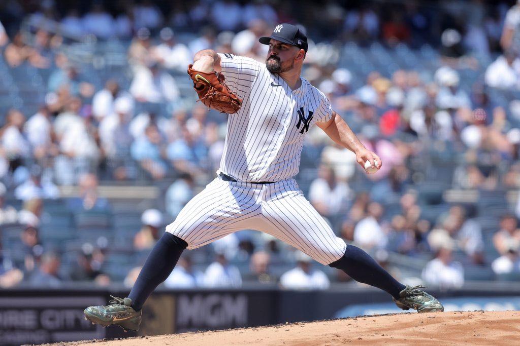 Jun 4, 2026; Bronx, New York, USA; New York Yankees starting pitcher Carlos Rodon (55) pitches against the Cleveland Guardians during the second inning at Yankee Stadium. Mandatory Credit: Brad Penner-Imagn Images