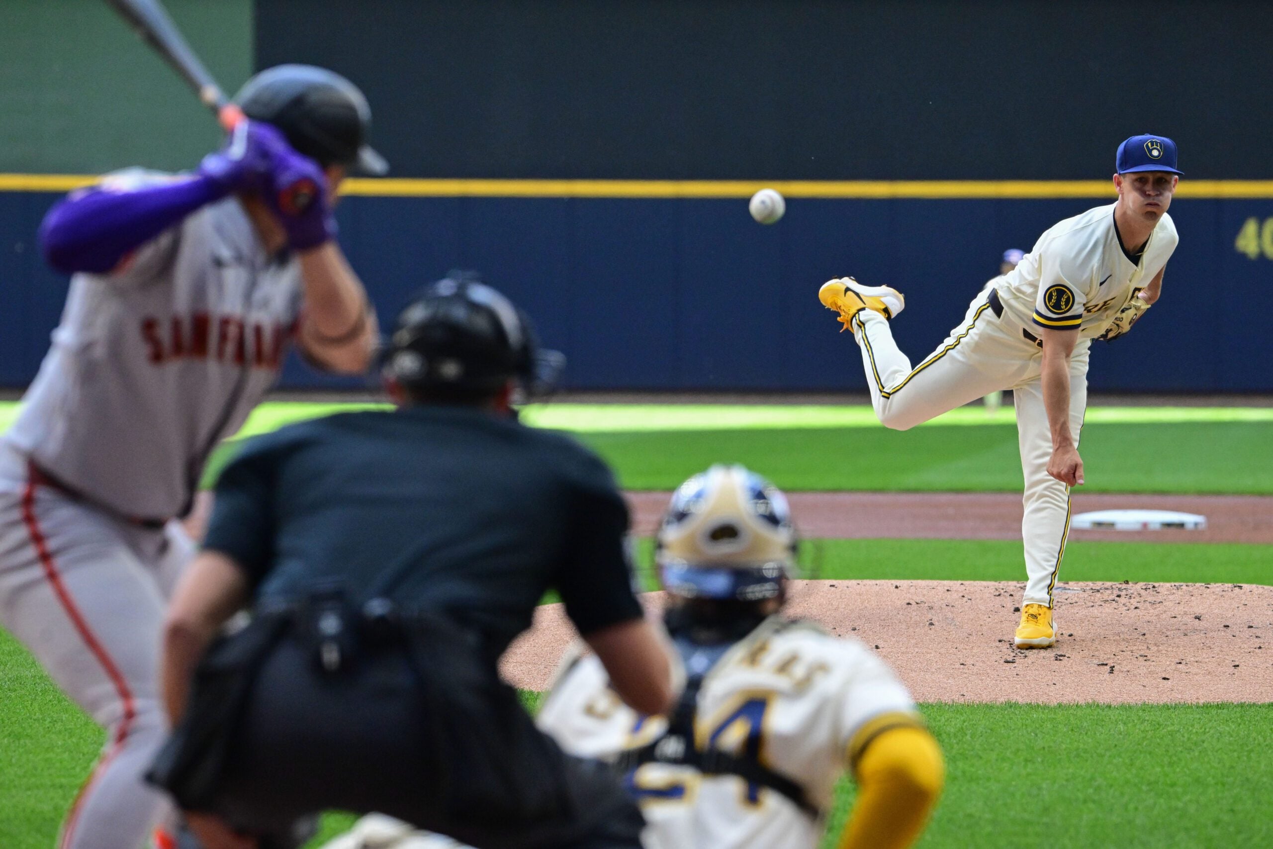Jun 4, 2026; Milwaukee, Wisconsin, USA;  Milwaukee Brewers starting pitcher Coleman Crow (57) throws a pitch in the first inning against the San Francisco Giants at American Family Field. Mandatory Credit: Benny Sieu-Imagn Images