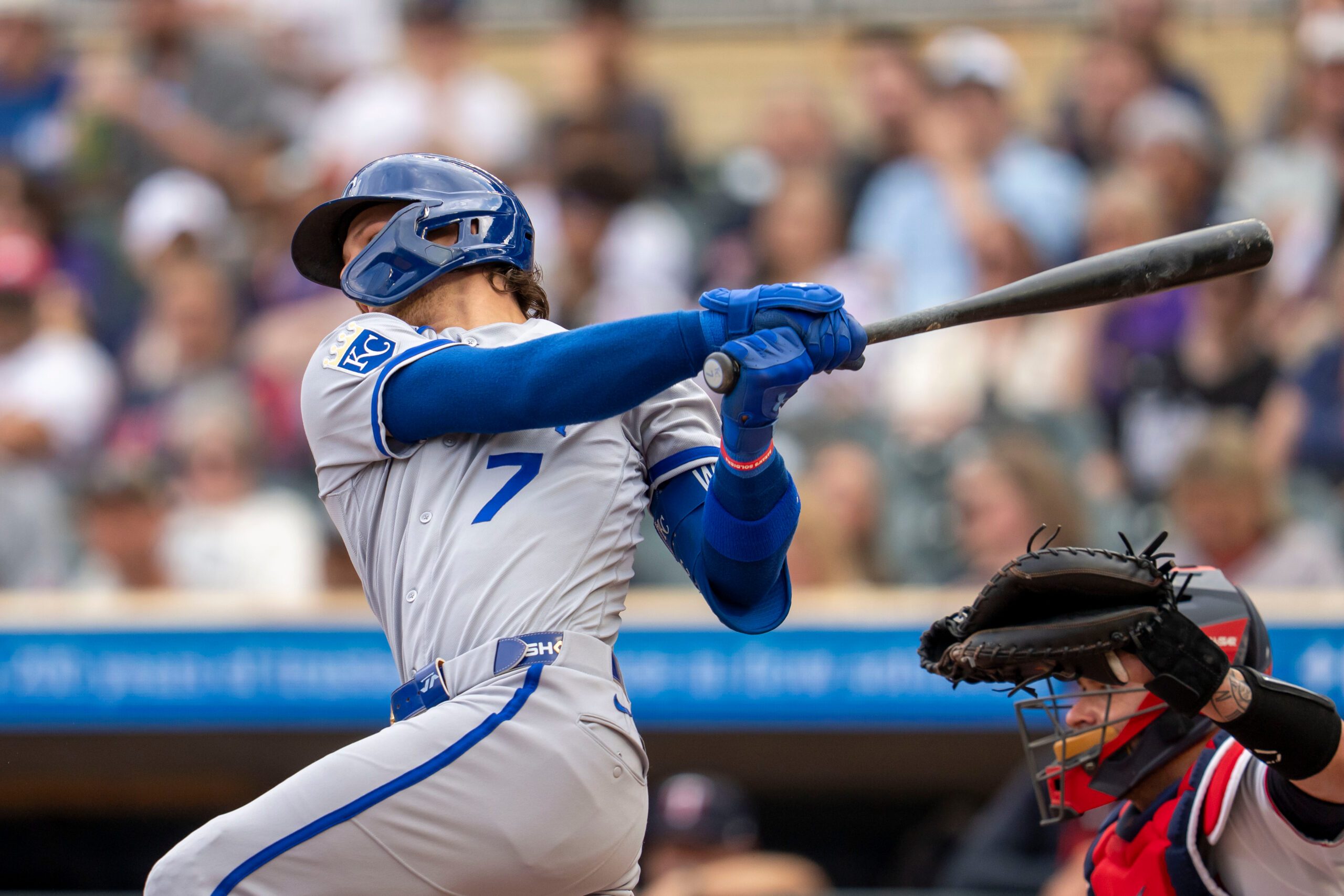 Jun 4, 2026; Minneapolis, Minnesota, USA; Kansas City Royals shortstop Bobby Witt Jr. (7) hits a single against the Minnesota Twins in the first inning at Target Field. Mandatory Credit: Jesse Johnson-Imagn Images