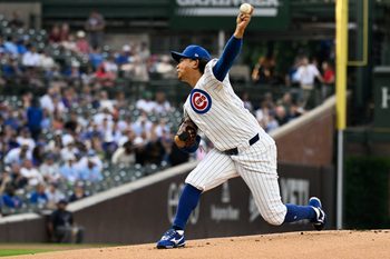 Jun 4, 2026; Chicago, Illinois, USA; Chicago Cubs pitcher Shota Imanaga (18) throws a pitch during the first inning against the Oakland Athletics at Wrigley Field. Mandatory Credit: Matt Marton-Imagn Images