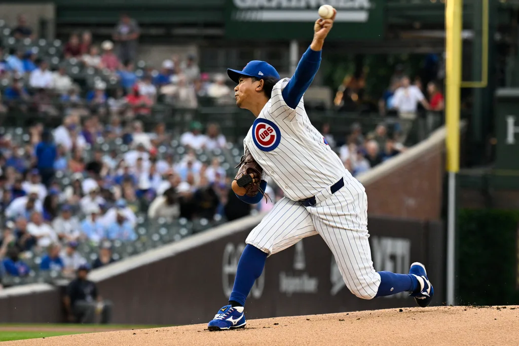 Jun 4, 2026; Chicago, Illinois, USA; Chicago Cubs pitcher Shota Imanaga (18) throws a pitch during the first inning against the Oakland Athletics at Wrigley Field. Mandatory Credit: Matt Marton-Imagn Images