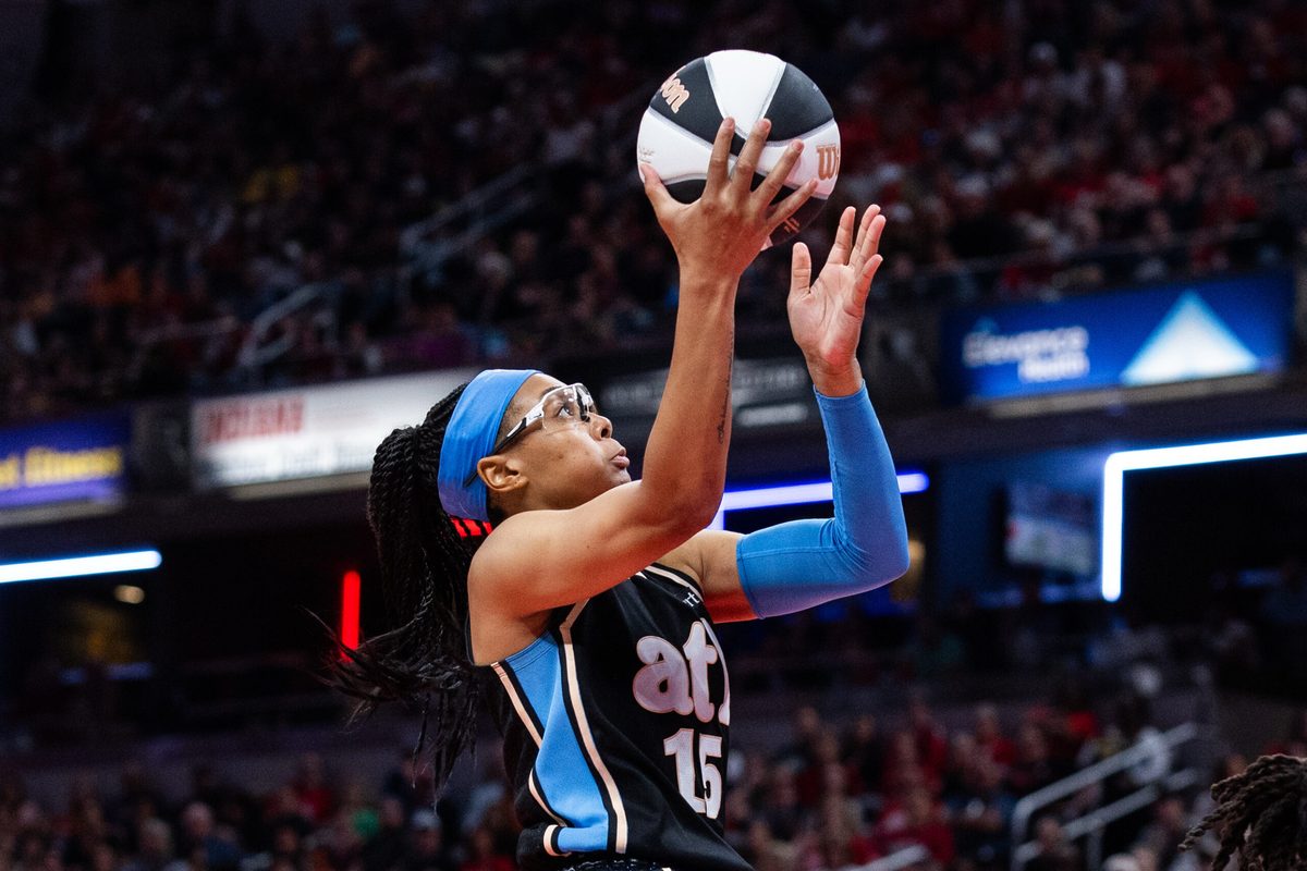 Jun 4, 2026; Indianapolis, Indiana, USA;  Atlanta Dream guard Allisha Gray (15) shoots the ball against the Indiana Fever in the second half at Gainbridge Fieldhouse. Mandatory Credit: Trevor Ruszkowski-Imagn Images