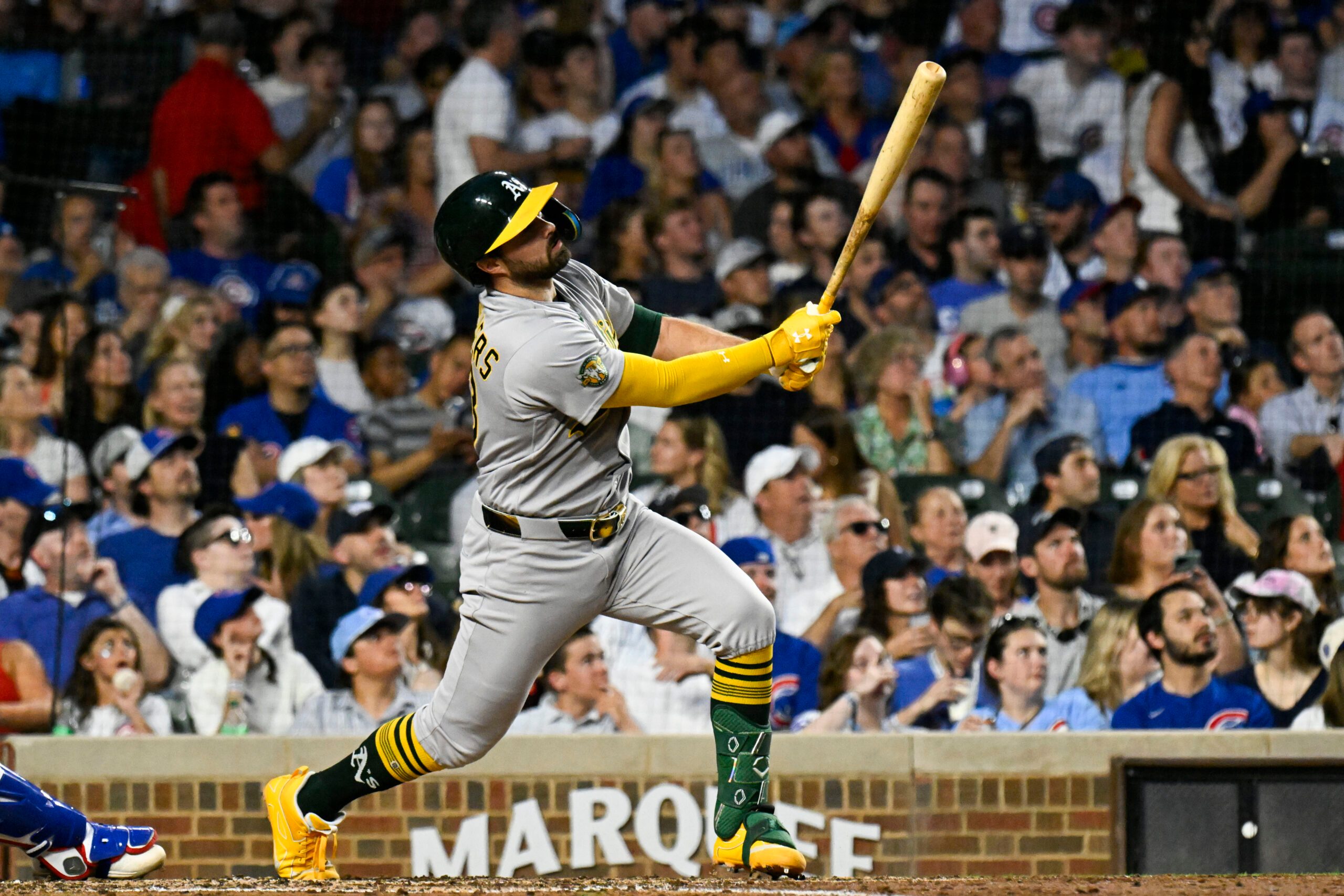Jun 4, 2026; Chicago, Illinois, USA; Oakland Athletics catcher Shea Langeliers (23) hits a two run inside the park home run against the Chicago Cubs during the sixth inning at Wrigley Field. Mandatory Credit: Matt Marton-Imagn Images