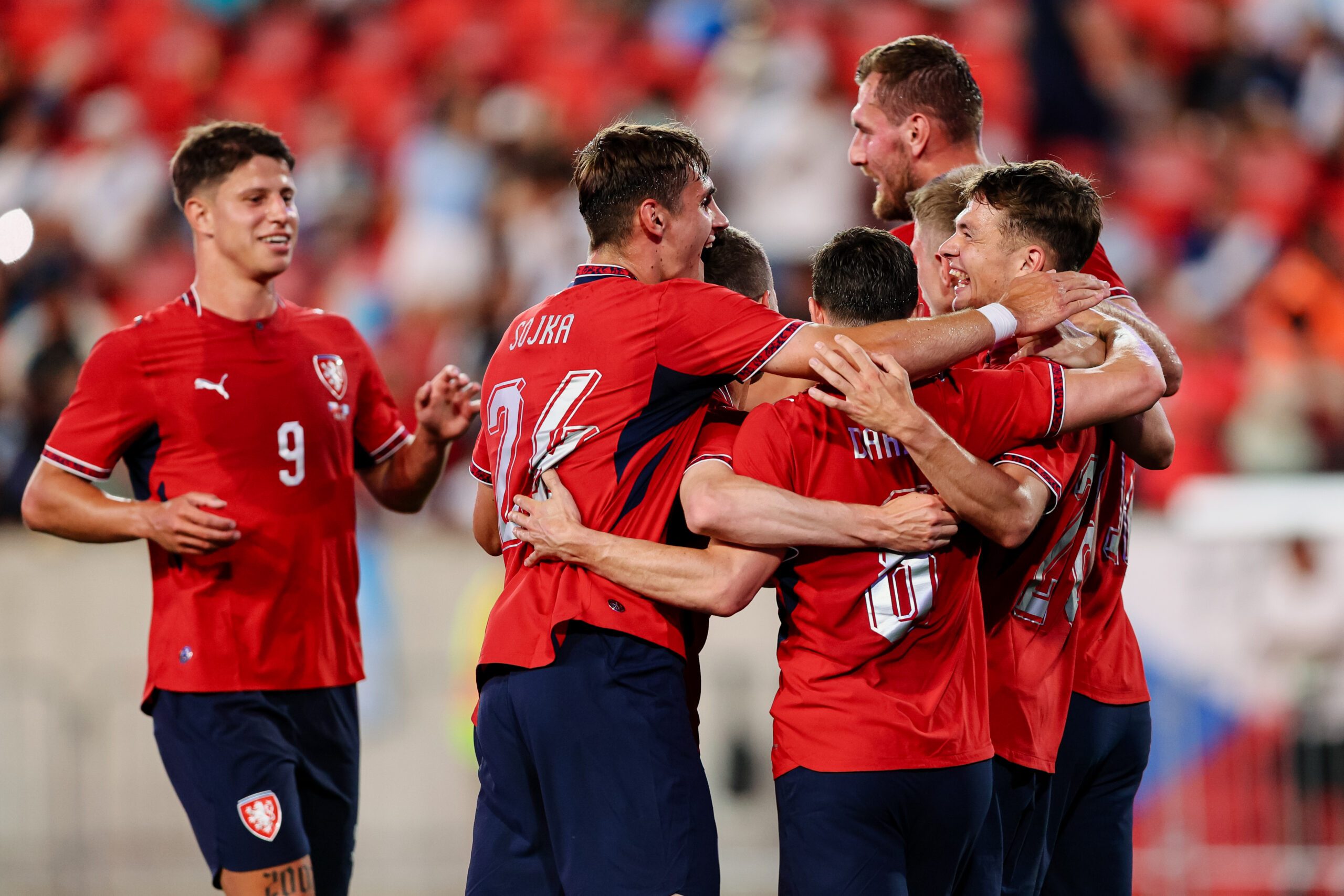 Jun 4, 2026; Harrison, New Jersey, USA; Czechia midfielder Denis Visinsky (26) celebrates with teammates after scoring a goal against Guatemala during the second half at Sports Illustrated Stadium. Mandatory Credit: Caean Couto-Imagn Images