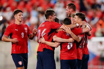 Jun 4, 2026; Harrison, New Jersey, USA; Czechia midfielder Denis Visinsky (26) celebrates with teammates after scoring a goal against Guatemala during the second half at Sports Illustrated Stadium. Mandatory Credit: Caean Couto-Imagn Images