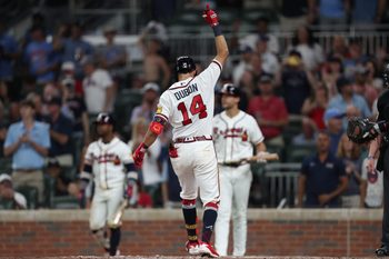 Jun 4, 2026; Cumberland, Georgia, USA; Atlanta Braves shortstop Mauricio Dubón (14) celebrates after hitting a home run against the Toronto Blue Jays in the eighth inning at Truist Park. Mandatory Credit: Mady Mertens-Imagn Images