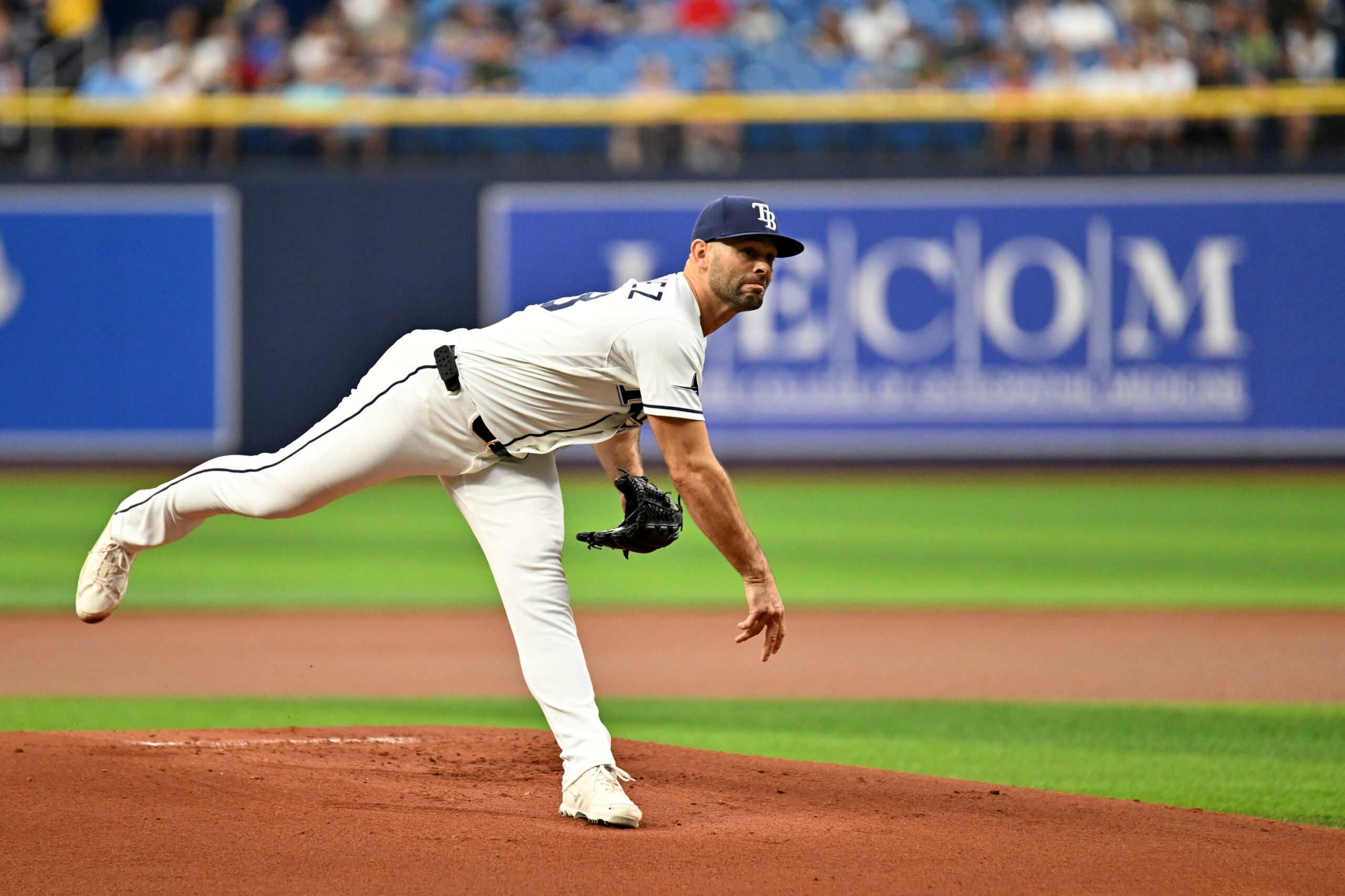 Jun 3, 2026; St. Petersburg, Florida, USA; Tampa Bay Rays starting pitcher Nick Martinez (28) throws a pitch in the first inning against the Detroit Tigers  at Tropicana Field. Mandatory Credit: Jonathan Dyer-Imagn Images
