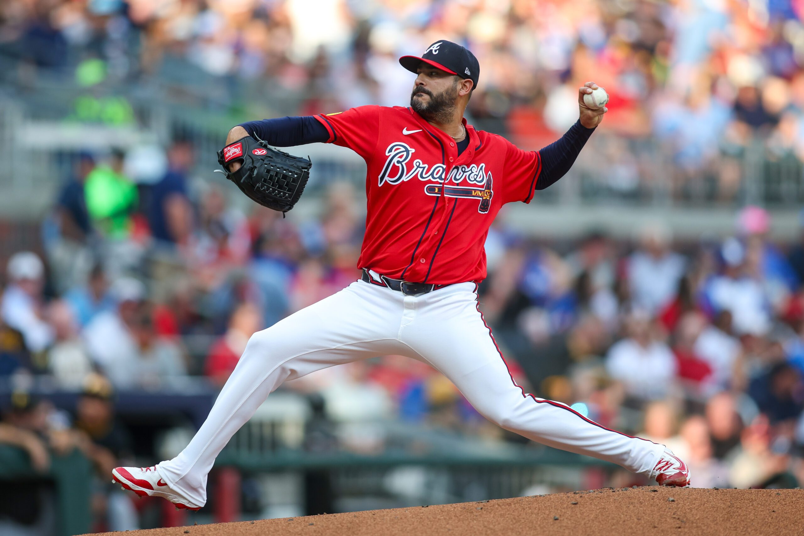 Jun 5, 2026; Atlanta, Georgia, USA; Atlanta Braves pitcher Martin Perez (33) throws against the Pittsburgh Pirates in the first inning at Truist Park. Mandatory Credit: Brett Davis-Imagn Images