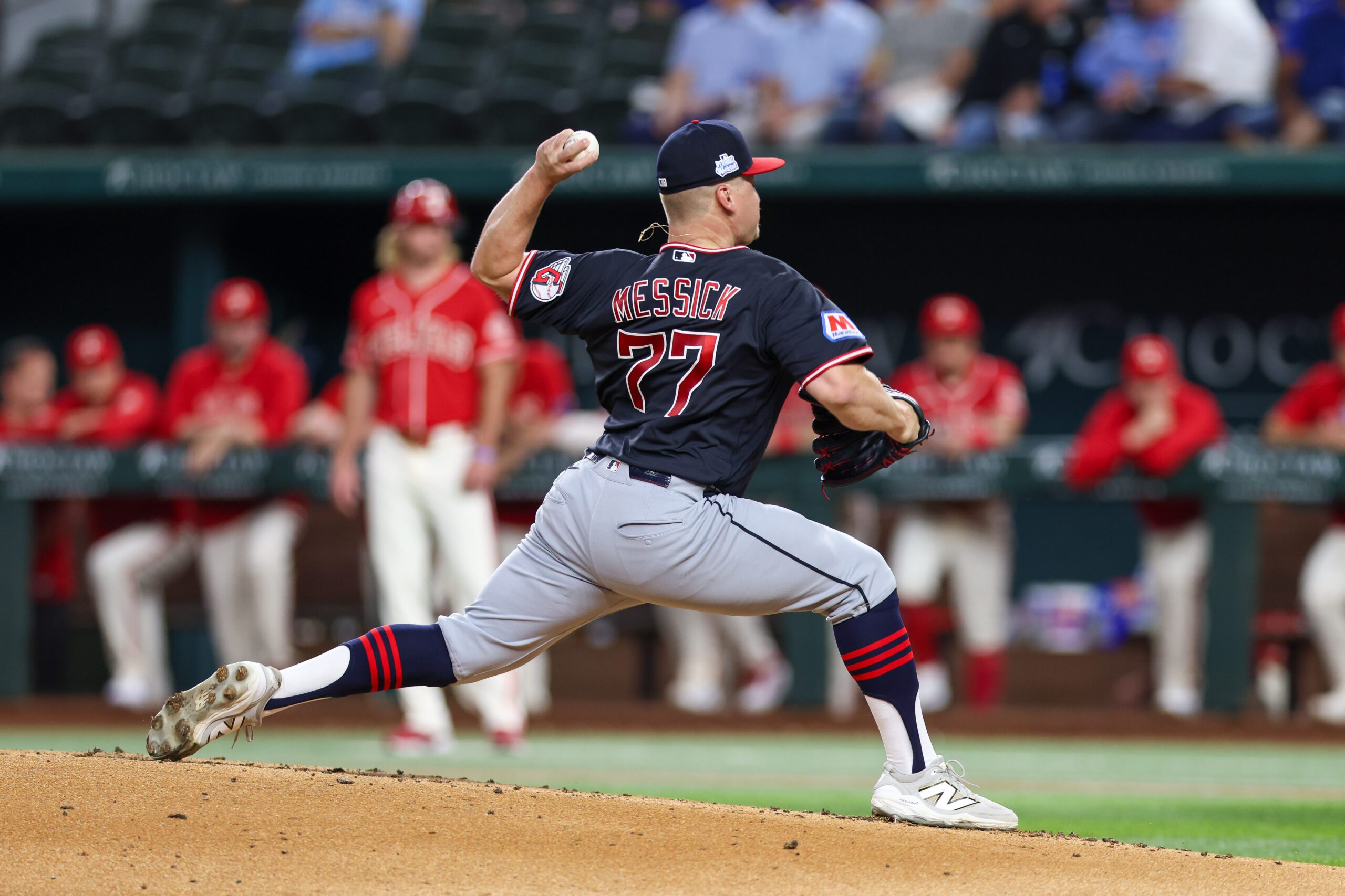 Jun 5, 2026; Arlington, Texas, USA; Cleveland Guardians pitcher Parker Messick (77) throws during the first inning against the Texas Rangers at Globe Life Field. Mandatory Credit: Andrew Dieb-Imagn Images