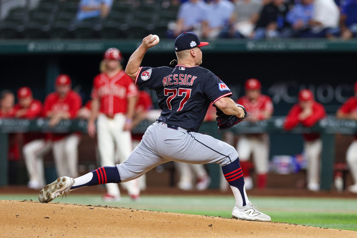 Jun 5, 2026; Arlington, Texas, USA; Cleveland Guardians pitcher Parker Messick (77) throws during the first inning against the Texas Rangers at Globe Life Field. Mandatory Credit: Andrew Dieb-Imagn Images