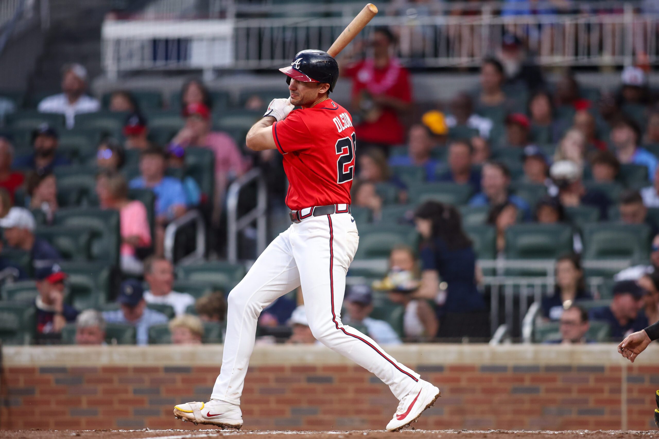 Jun 5, 2026; Atlanta, Georgia, USA; Atlanta Braves first baseman Matt Olson (28) hits a single against the Pittsburgh Pirates in the fifth inning at Truist Park. Mandatory Credit: Brett Davis-Imagn Images