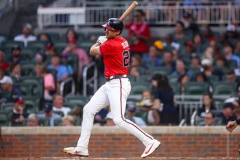 Jun 5, 2026; Atlanta, Georgia, USA; Atlanta Braves first baseman Matt Olson (28) hits a single against the Pittsburgh Pirates in the fifth inning at Truist Park. Mandatory Credit: Brett Davis-Imagn Images