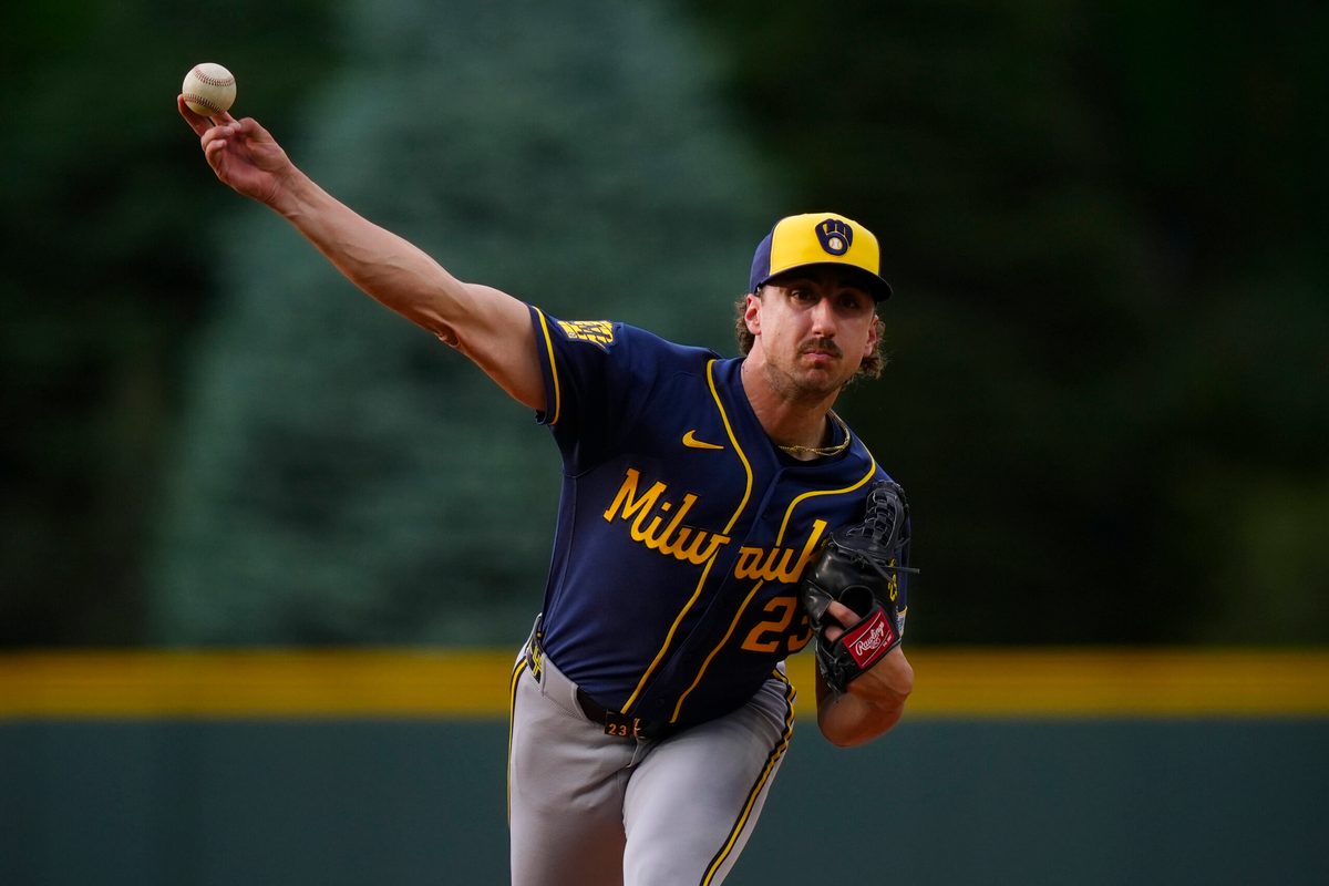 Jun 5, 2026; Denver, Colorado, USA; Milwaukee Brewers starting pitcher Brandon Sproat (23) delivers a pitch in the first inning against the Colorado Rockies at Coors Field. Mandatory Credit: Ron Chenoy-Imagn Images