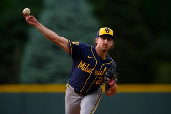 Jun 5, 2026; Denver, Colorado, USA; Milwaukee Brewers starting pitcher Brandon Sproat (23) delivers a pitch in the first inning against the Colorado Rockies at Coors Field. Mandatory Credit: Ron Chenoy-Imagn Images