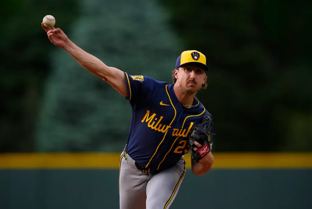 Jun 5, 2026; Denver, Colorado, USA; Milwaukee Brewers starting pitcher Brandon Sproat (23) delivers a pitch in the first inning against the Colorado Rockies at Coors Field. Mandatory Credit: Ron Chenoy-Imagn Images